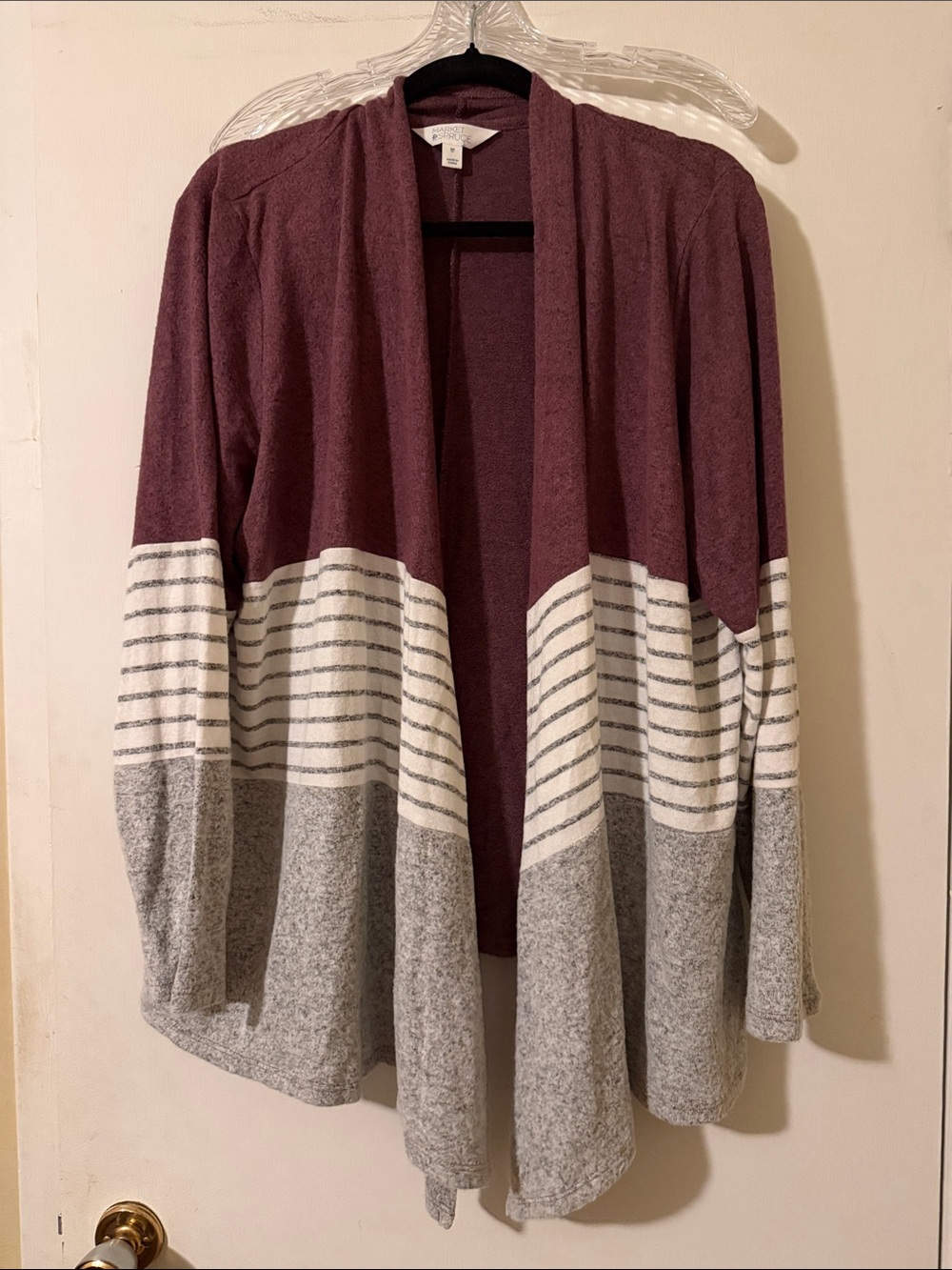 Market & Spruce Burgundy, White & Gray Open-Front Colorblock Cardigan